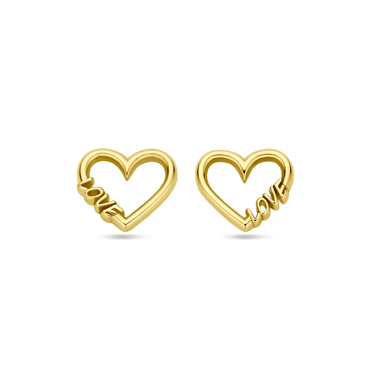14k Geelgouden oorknoppen uitgevoerd in de vorm van een hartje met de tekst love. De oorknoppen hebben een afmeting van 8x9.5mm.