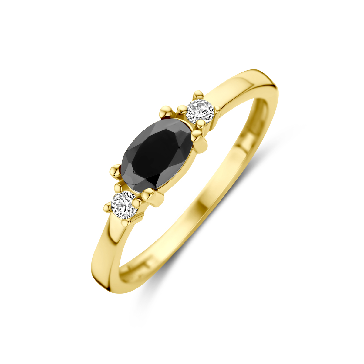14k Geelgouden ring uitgevoerd met zwart en wit zirkonia. De ring heeft een breedte van 4mm.