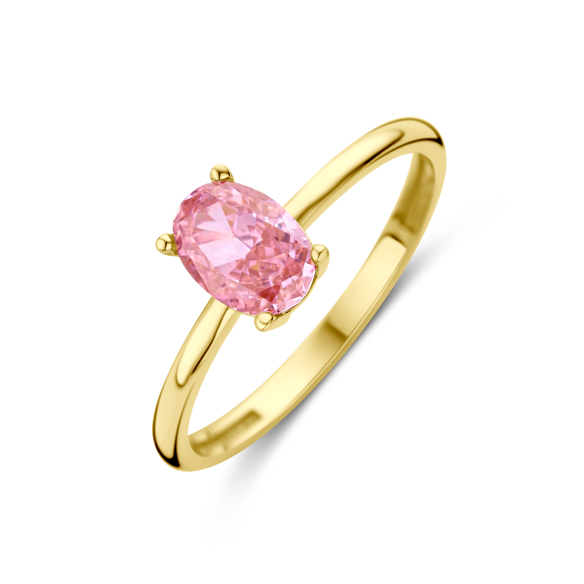14k Geelgouden ring uitgevoerd met een ovale padparadscha zirkonia. De ring heeft een breedte van 7mm.