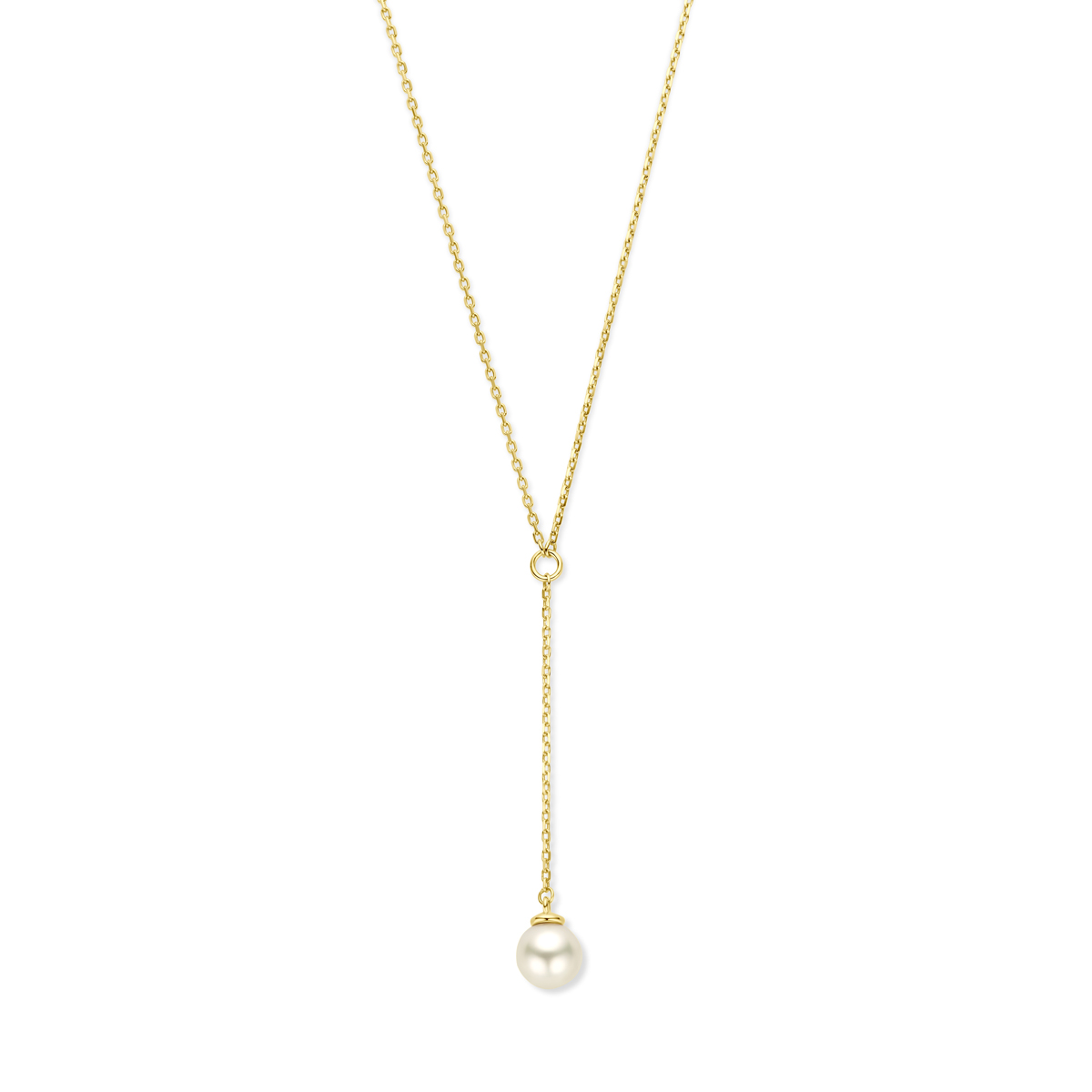 14k Geelgouden Y-collier uitgevoerd met zoetwaterparel. Het collier heeft draaglengtes van 43, 45 en 47cm. De parel heeft een maat van 6.5mm.
