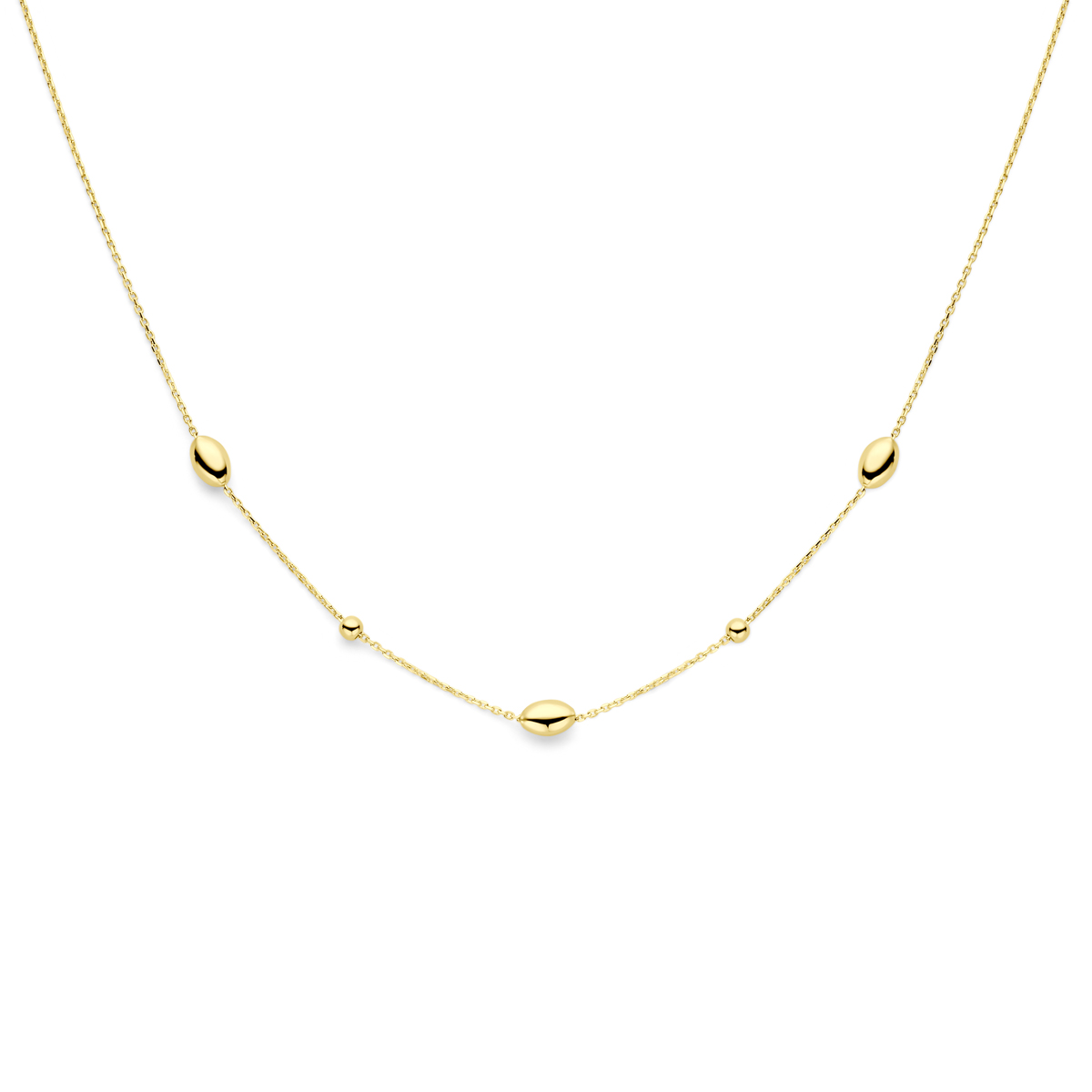 14k Geelgouden collier uitgevoerd met ovaaltjes en bolletjes. Het collier heeft draaglengtes van 41, 43 en 45cm.