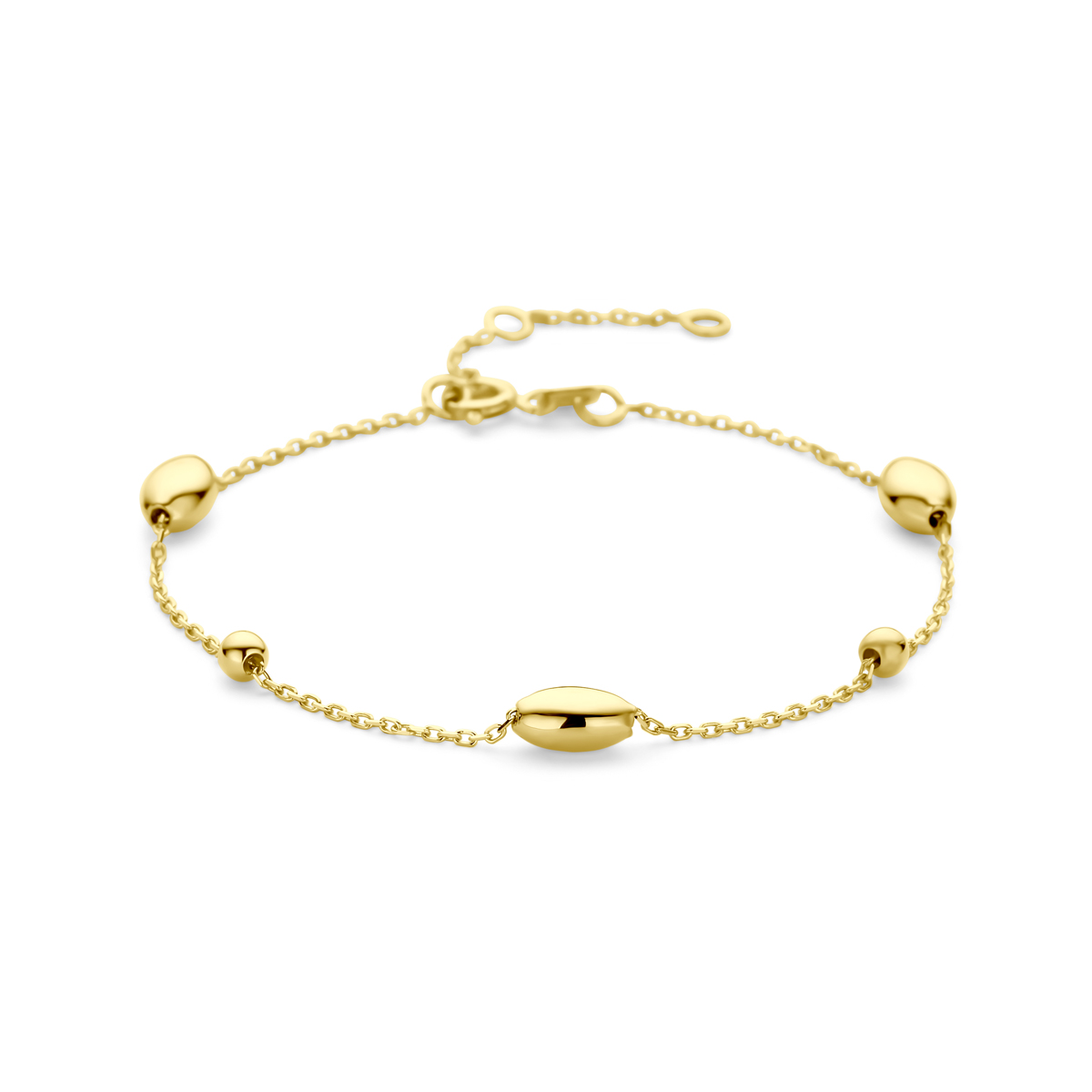 14k Geelgouden armband uitgevoerd met ovaaltjes en bolletjes. De armband heeft draaglengtes van 16, 17.5 en 19cm.