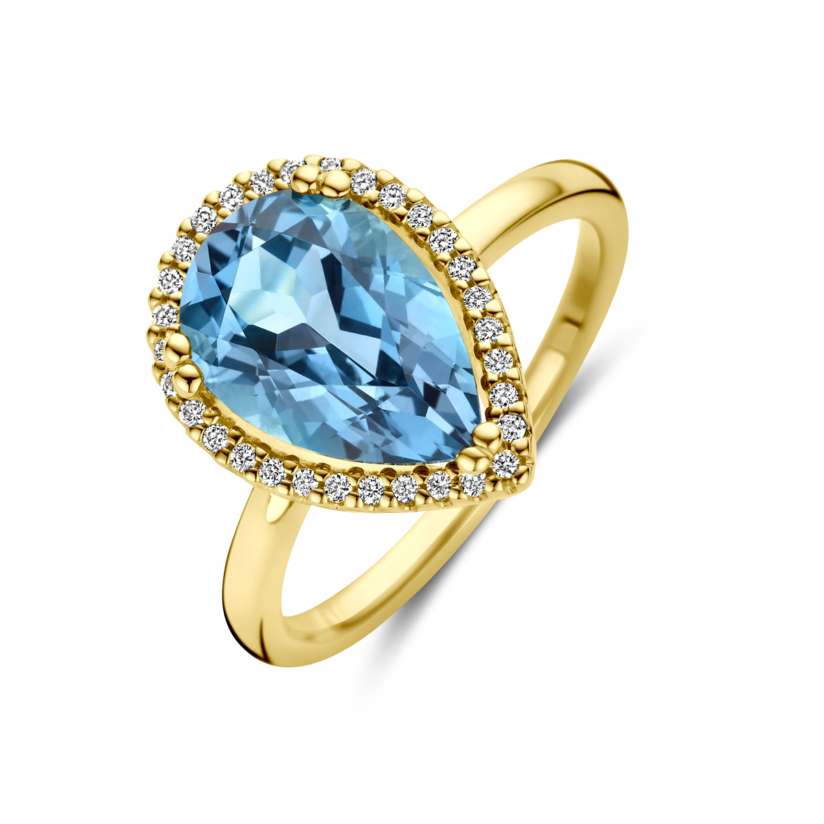 GEELGOUDEN RING MET DIAMANT EN BLAUWE TOPAAS