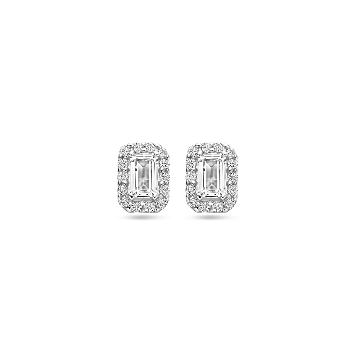 Gerhodineerd 925 zilveren oorknoppen uitgevoerd met zirkonia. De oorknoppen hebben een afmeting van 8x5.5mm.