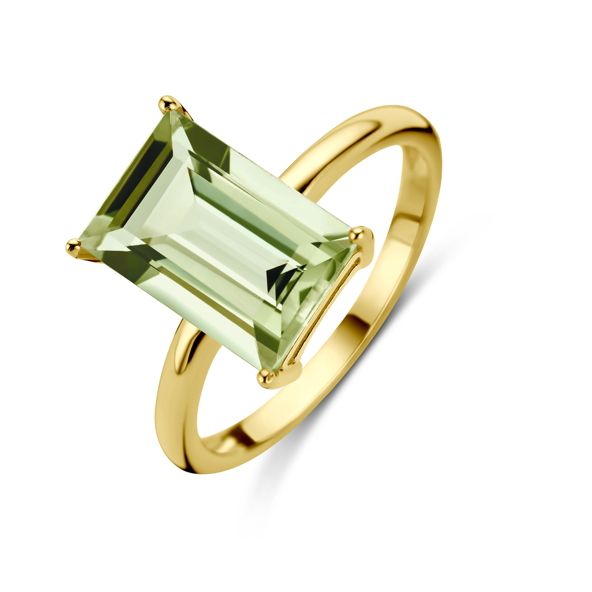 14k Geelgouden ring uitgevoerd met groen amethist. De ring heeft een breedte van 12mm.