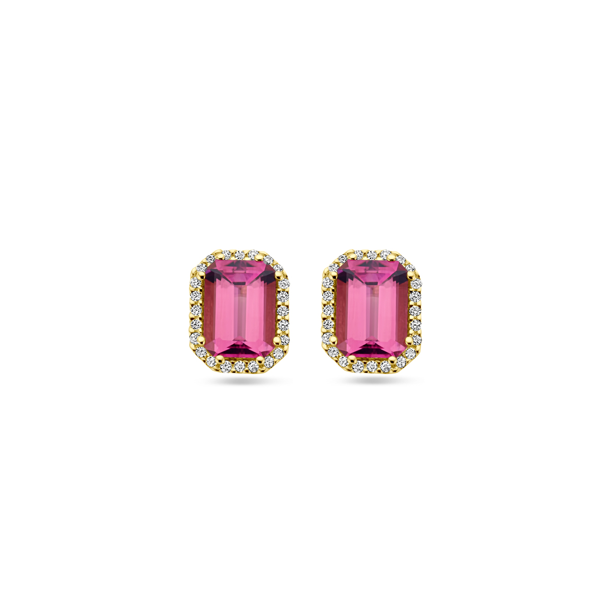 14k Geelgouden oorknoppen uitgevoerd met roze toermalijn en diamant. De oorknoppen hebben een afmeting van 9x7mm.