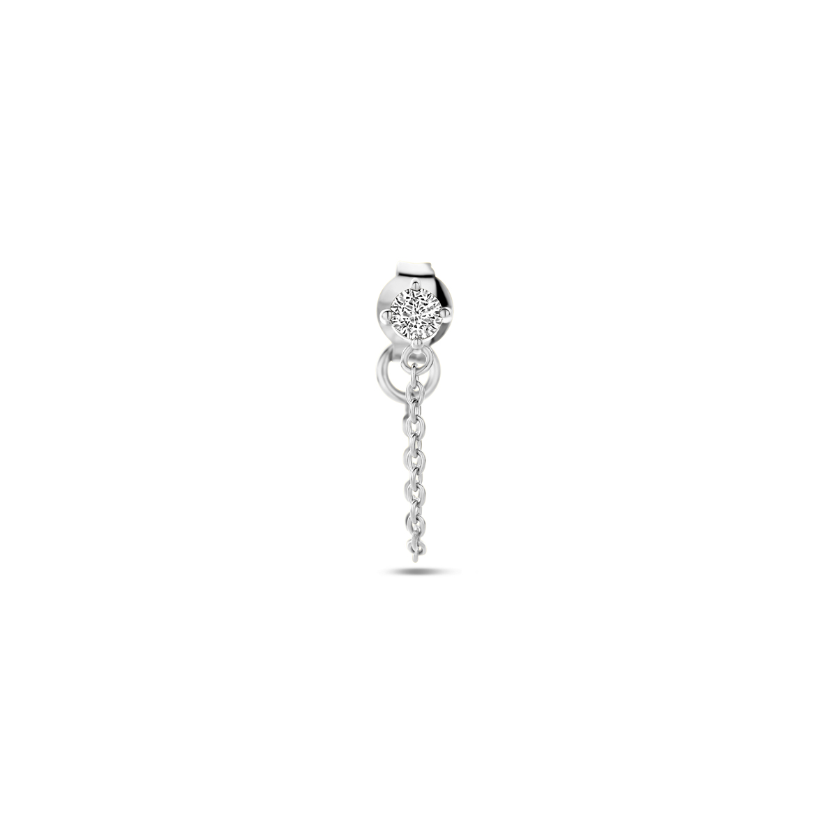 Gerhodineerd 925 zilveren oorknop uitgevoerd met wit zirkonia. De oorknop heeft een diameter van 4mm. Deze oorsieraden worden per stuk verkocht ipv per paar.