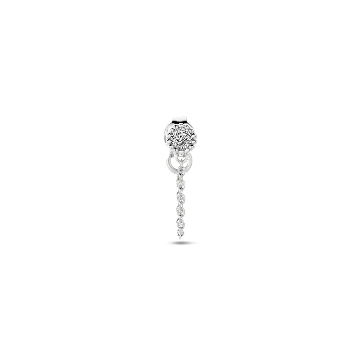 Gerhodineerd 925 zilveren oorknop uitgevoerd met wit zirkonia. De oorknop heeft een diameter van 4.5mm. Deze oorsieraden worden per stuk verkocht ipv per paar.