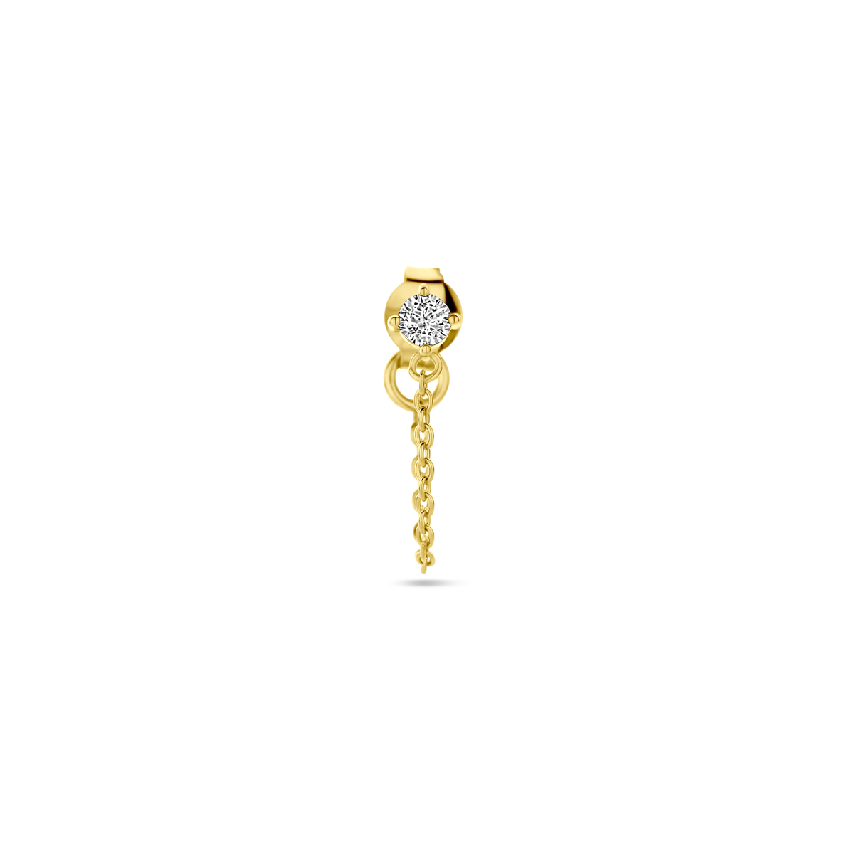 Geelgoud op 925 zilveren oorknop uitgevoerd met wit zirkonia. De oorknop heeft een diameter van 4mm. Deze oorsieraden worden per stuk verkocht ipv per paar. Geen garantie op de plating.
