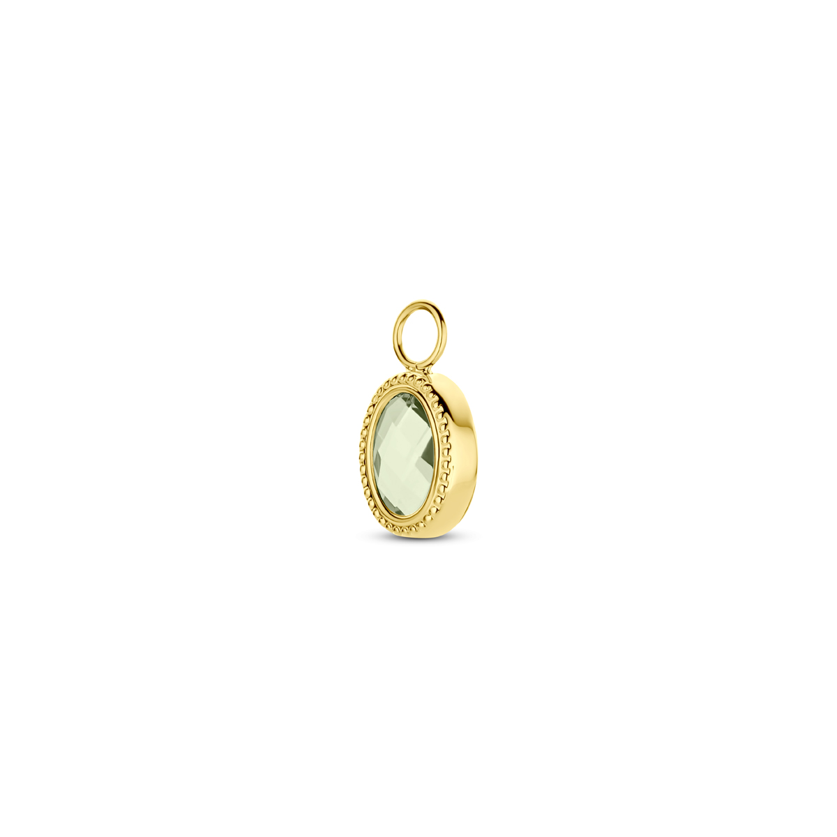 14k Geelgouden oorringhanger uitgevoerd met groen amethist. De hanger heeft een totale hoogte van 13mm. Deze hanger wordt per stuk verkocht i.p.v. per paar. Het oogje heeft een opening van 4mm.