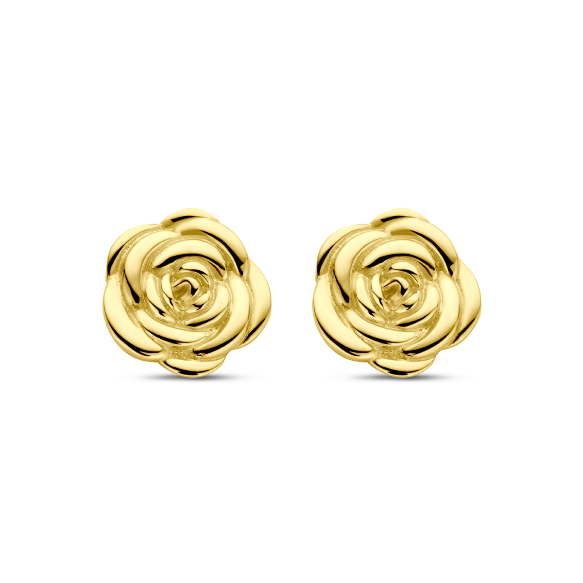 14k Geelgouden oorknoppen uitgevoerd in de vorm van een roos. De oorknoppen hebben een diameter van 8mm.