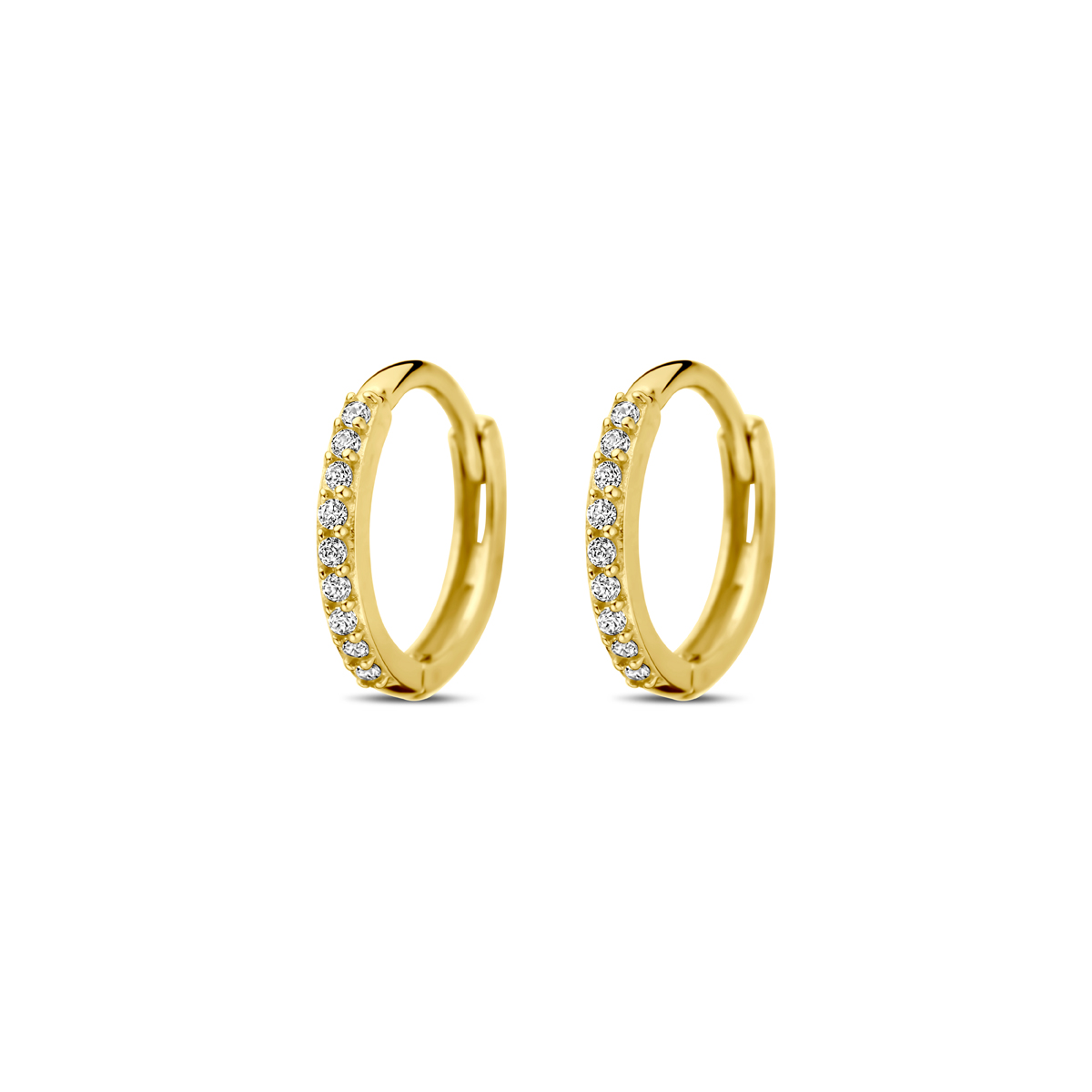 14k Geelgouden klapoorringen uitgevoerd met zirkonia. De oorringen hebben een diameter 10mm.