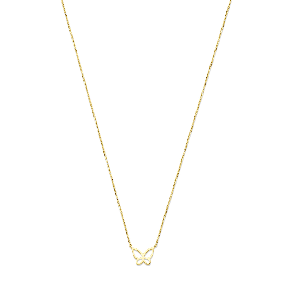 14k Geelgouden collier uitgevoerd met een vlinder. Het collier heeft draaglengtes van 40, 42 en 44cm. De schakelbreedte is 0.8mm. Uitgevoerd met een veerslot.