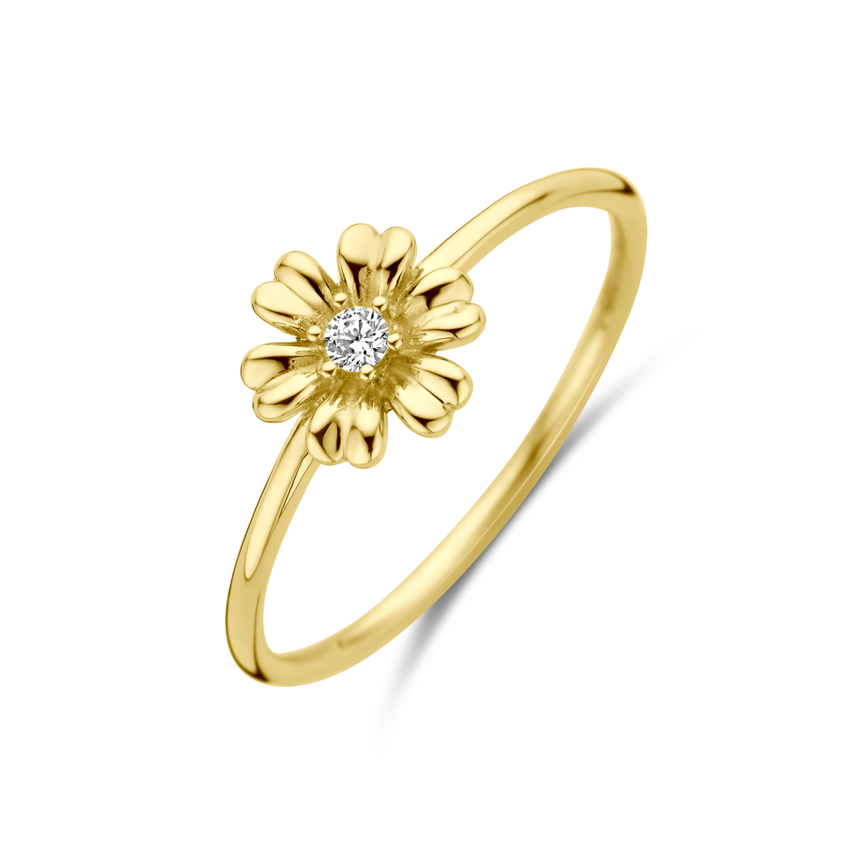 14k Geelgouden ring uitgevoerd in de vorm van een bloem met zirkonia. De ring heeft een breedte van 7.5mm.