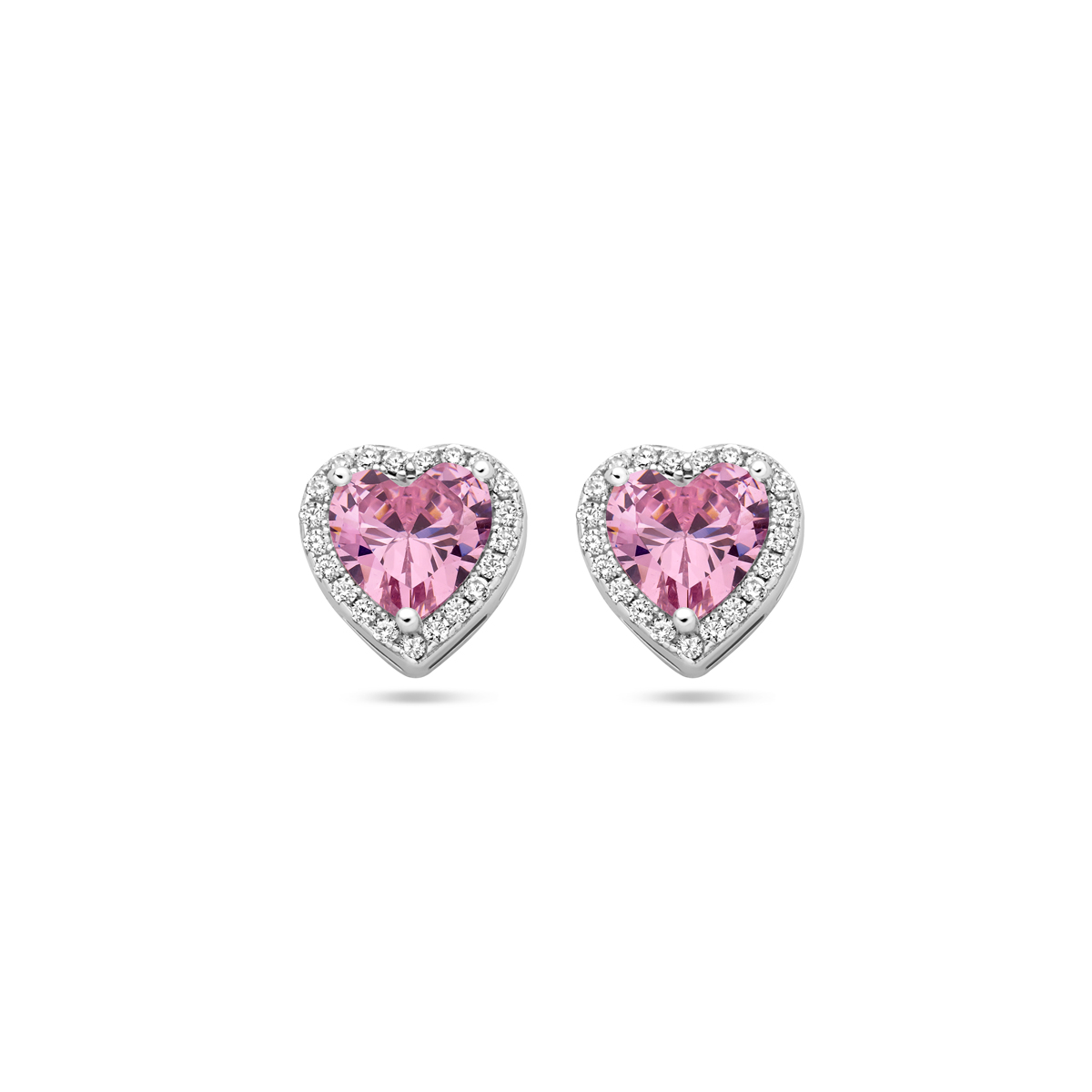 Gerhodineerd 925 zilveren oorknoppen uitgevoerd in de vorm van een hartje met wit en roze zirkonia. De afmeting van de oorknoppen is 8.5x8.5mm.