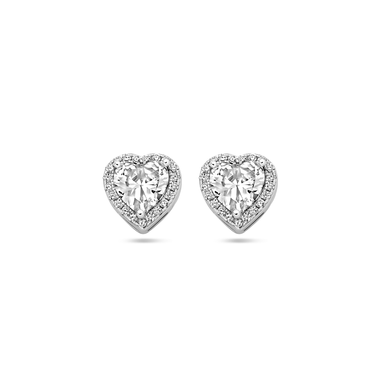 Gerhodineerd 925 zilveren oorknoppen uitgevoerd in de vorm van een hartje met wit zirkonia. De afmeting van de oorknoppen is 8.5x8.5mm.