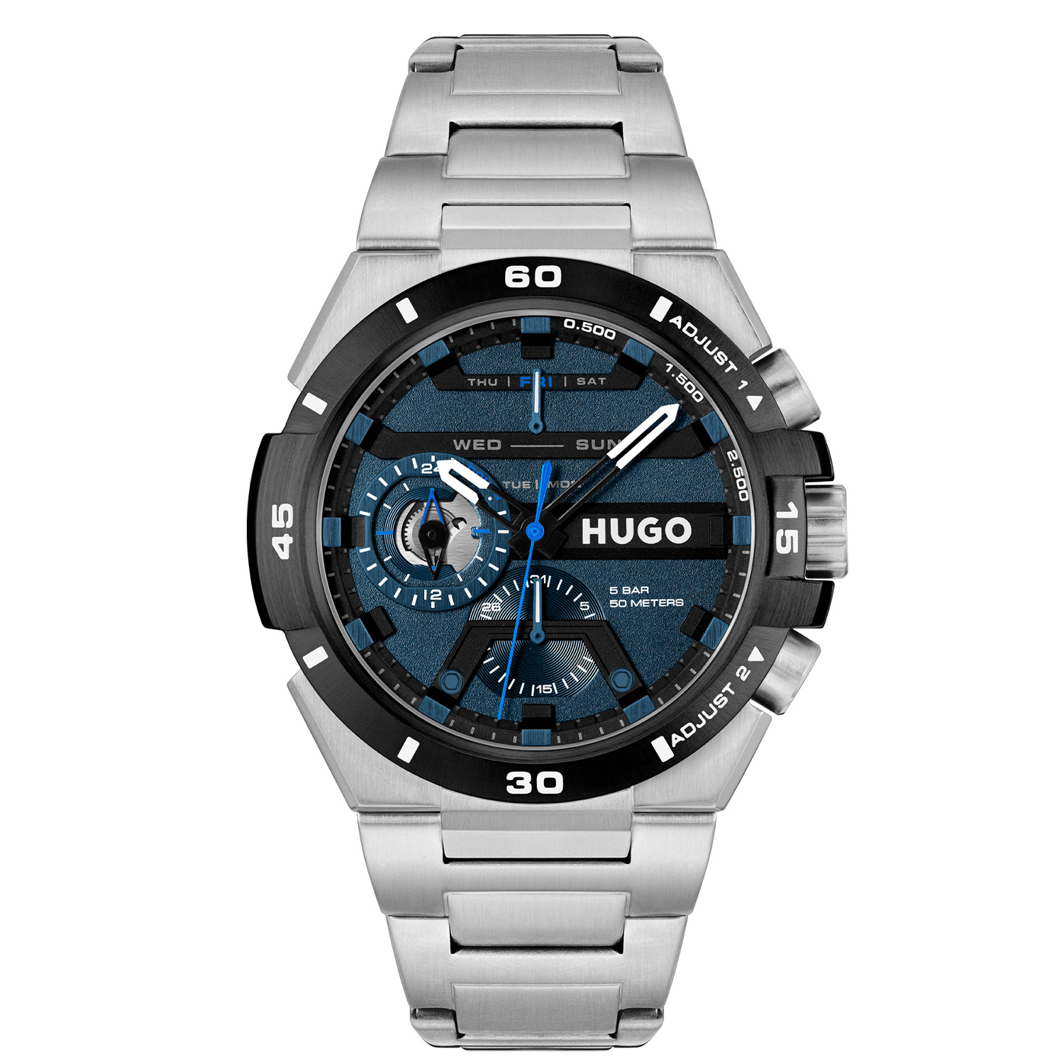 HUGO HU1530337 #WILD 46mm 
Dit HUGO horloge uit de WILD serie met artikelnr. HU1530337 is ontworpen voor de man met durf en die volledig zichzelf is in zijn eigen unieke stijl. Het herenhorloge kenmerkt zich door zijn zilverkleurige stalen ronde horlogekast met zwarte bezel. Het ontwerp valt op door zijn sportieve uitstaling en vorm, mij kan niks gebeuren. Opvallend zijn de blauw en wit gekleurde accenten op de wijzers en op de opvallende zwartblauwe wijzerplaat waarop de functies van dag,- datum,- en 24-uursaanduiding aanwezig zijn. Aan de kast zit een zilverkleurige stalen schakelband met een vouwsluiting. Het stoer ogende herenhorloge heeft een mineraalglas, een doorsnee van 46mm en is 5ATM.

SPECIFICATIES:
- Mineraalglas
- Ronde kastvorm, Ã 46mm
- Zilverkleurige horlogekast
- Zwartblauwe wijzerplaat
- Stalen schakelband
- 5ATM