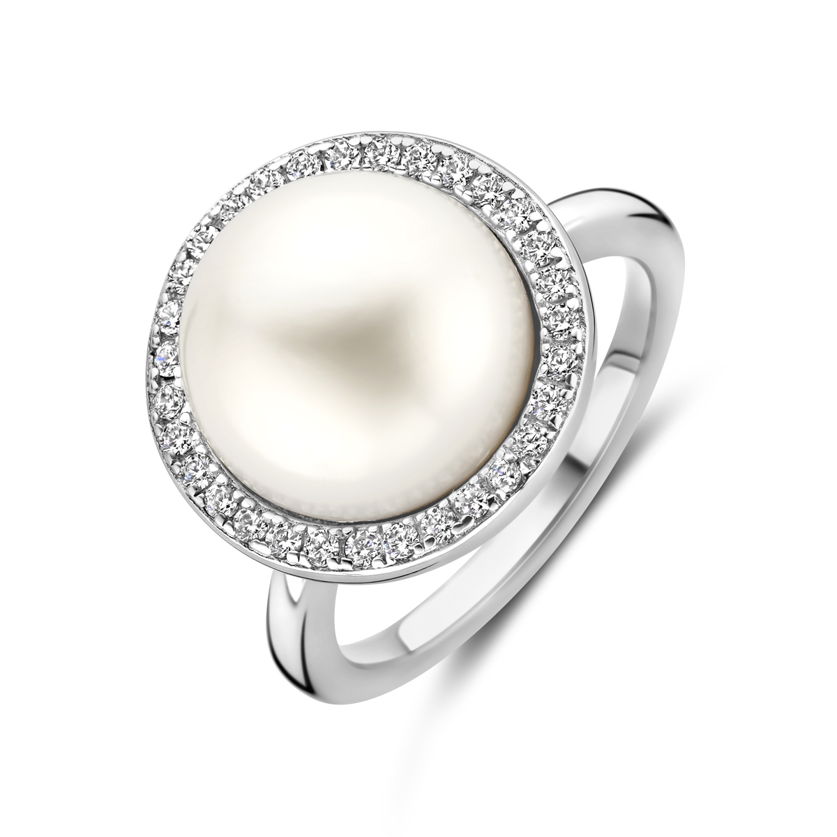 zilveren ring, 12mm zw parel+rand zirconias mt56