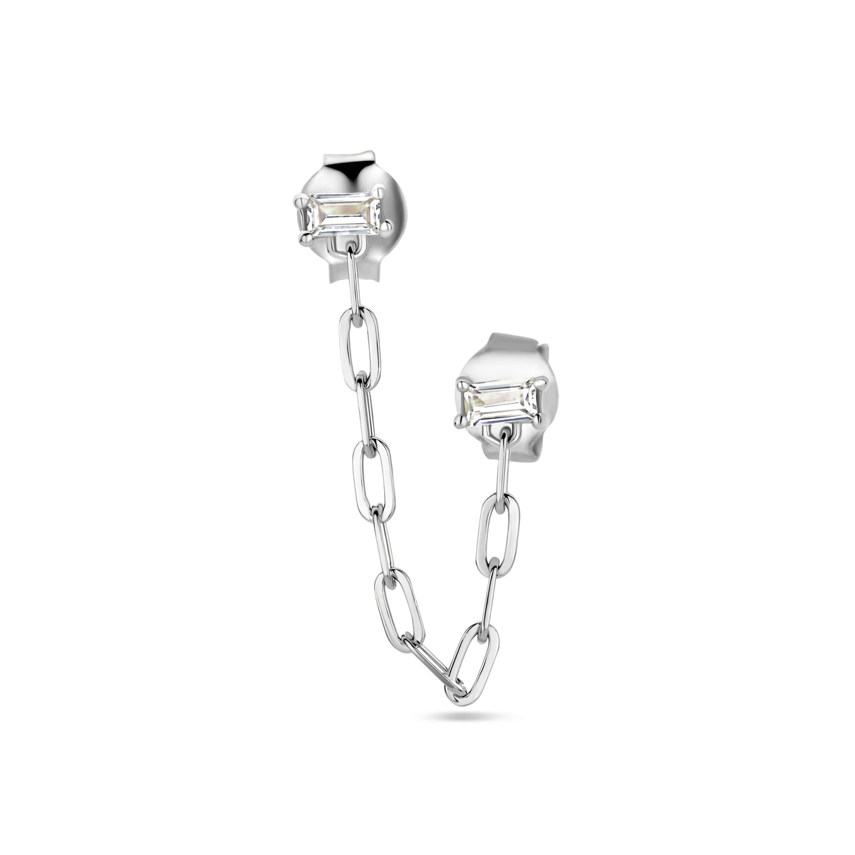 Gerhodineerd 925 zilveren oorknop geschikt voor meerdere gaatjes uitgevoerd met zirkonia. De oorknop heeft een totale lengte van 3.5cm en een schakelbreedte van 1.7mm. De oorknop wordt per stuk verkocht.