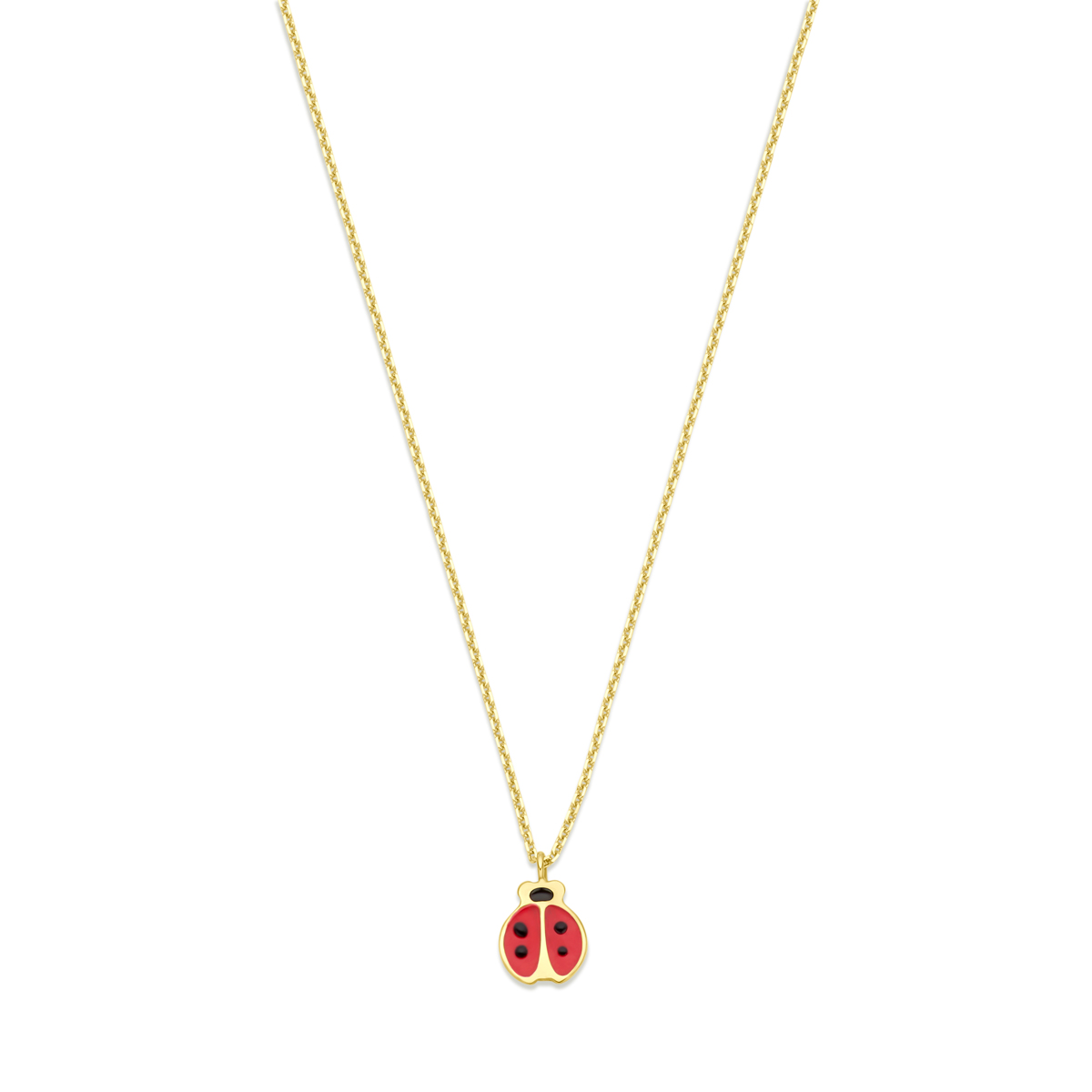 14k Geelgouden collier uitgevoerd met een lieveheersbeestje van emaille en een karabijnsluiting. Het collier heeft draaglengtes van 36, 38 en 40cm. De schakelbreedte is 0.8mm.