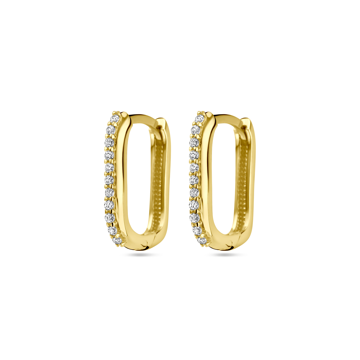 14k Geelgouden klapoorringen uitgevoerd met zirkonia. De oorringen hebben een totale hoogte van 14mm.