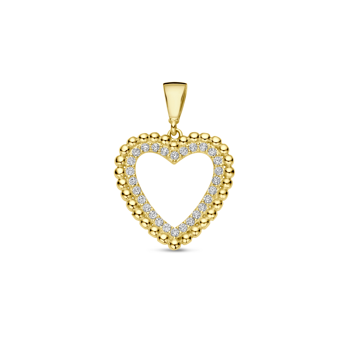 14k Geelgouden hanger uitgevoerd met een hart en zirkonia. De hanger heeft een  totale hoogte van 21.5mm.