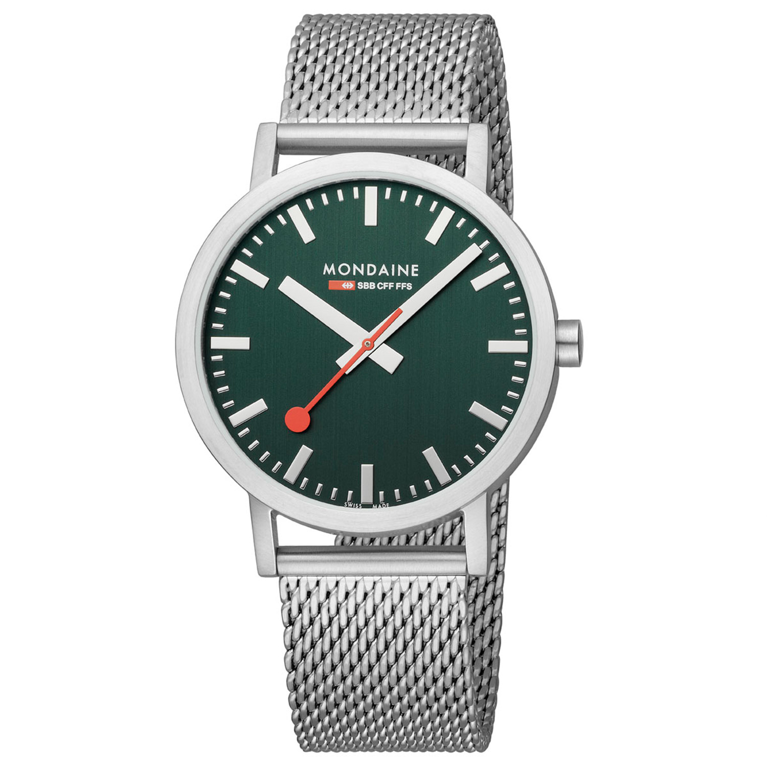 Mondaine M660.30360.40SBJ Horloge - Mesh - Groen - 40mm
Dit unieke Mondaine dames horloge met nummer: M660.30360.60SBJ heeft een quartz uurwerk. Op de groene wijzerplaat zijn de uren en minuten strepen duidelijk zichtbaar met als blikvanger de rode secondewijzer net als op een stationsklok. De zilverkleurige mesh band sluit mooi aan op de strakke zilverkleurige stalen ronde kast. Het horloge heeft mineraalglas is 36mm en 3 ATM. 

Het Merk:
The Official Swiss Railway Watch. Gebaseerd op de offici�le stationsklok van de Zwitserse spoorwegen is 30 jaar geleden de horlogelijn onder het merk Mondaine opgezet. Zwitserse kwaliteitsuurwerken net zo punctueel als de Zwitserse treinen. Een echte design klassieker met een unieke wijzerplaat en de wereldberoemde rode secondewijzer met bolletje. Herkenbaar uit duizenden.

Specificaties:
- Mineraalglas
- Groene wijzerplaat
- Swiss Made?
- 3 ATM (Regen- & spatwaterdicht)
- � 40mm?
