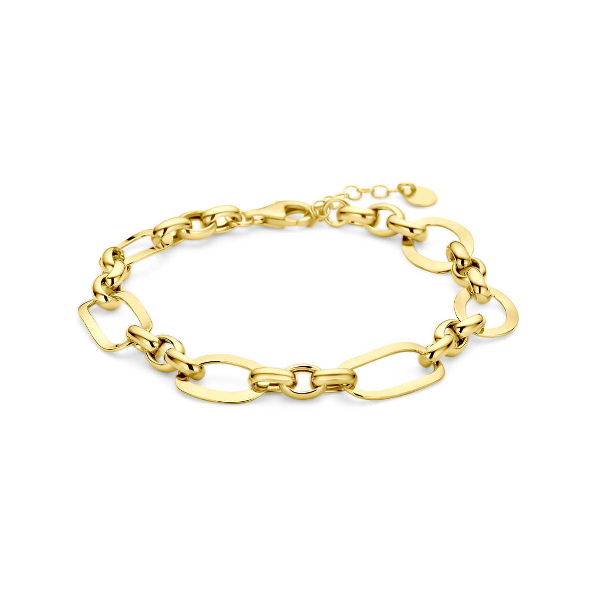 Geelgoud op 925 zilveren anker armband. De armband heeft een draaglengte van 20cm en een extensie van 3cm. De schakelbreedte is 11.5mm. Uitgevoerd met een karabijn sluiting. Geen garantie op de plating.