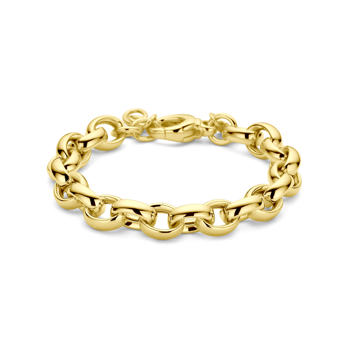 Geelgoud op 925 zilveren jasseron armband. De schakelbreedte is Uitgevoerd met een karabijn sluiting. Geen garantie op plating.