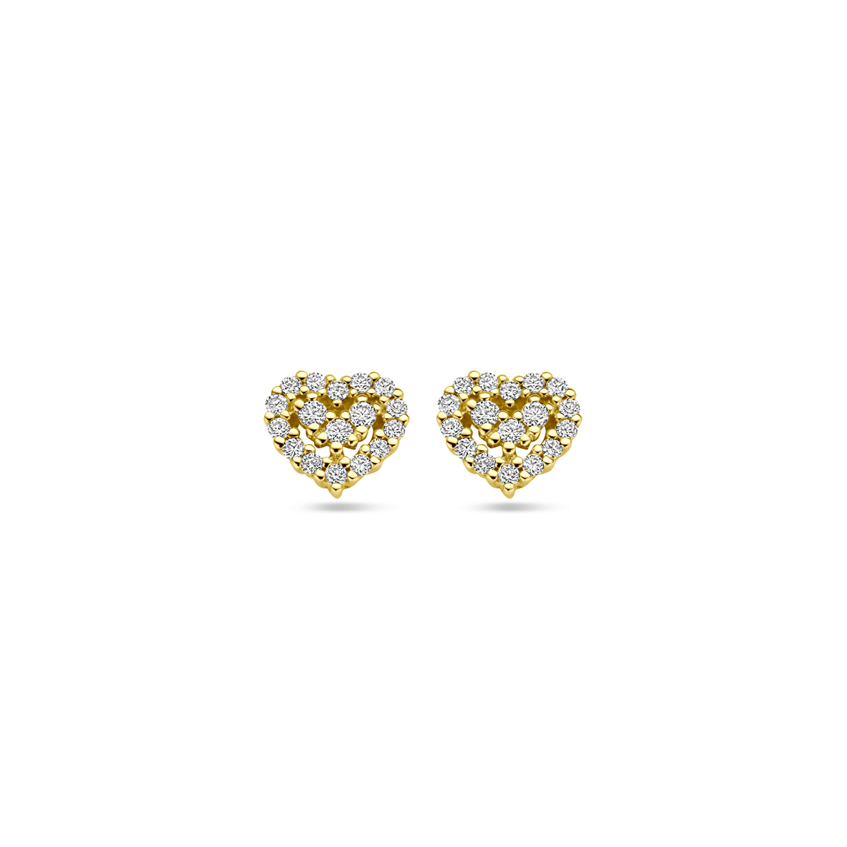 14k Geelgouden oorknoppen uitgevoerd in de vorm van een hartje met diamant. De oorknoppen hebben een afmeting van 5.5x6mm. Het diamantgewicht is 0.16ct (2x 0.08ct).