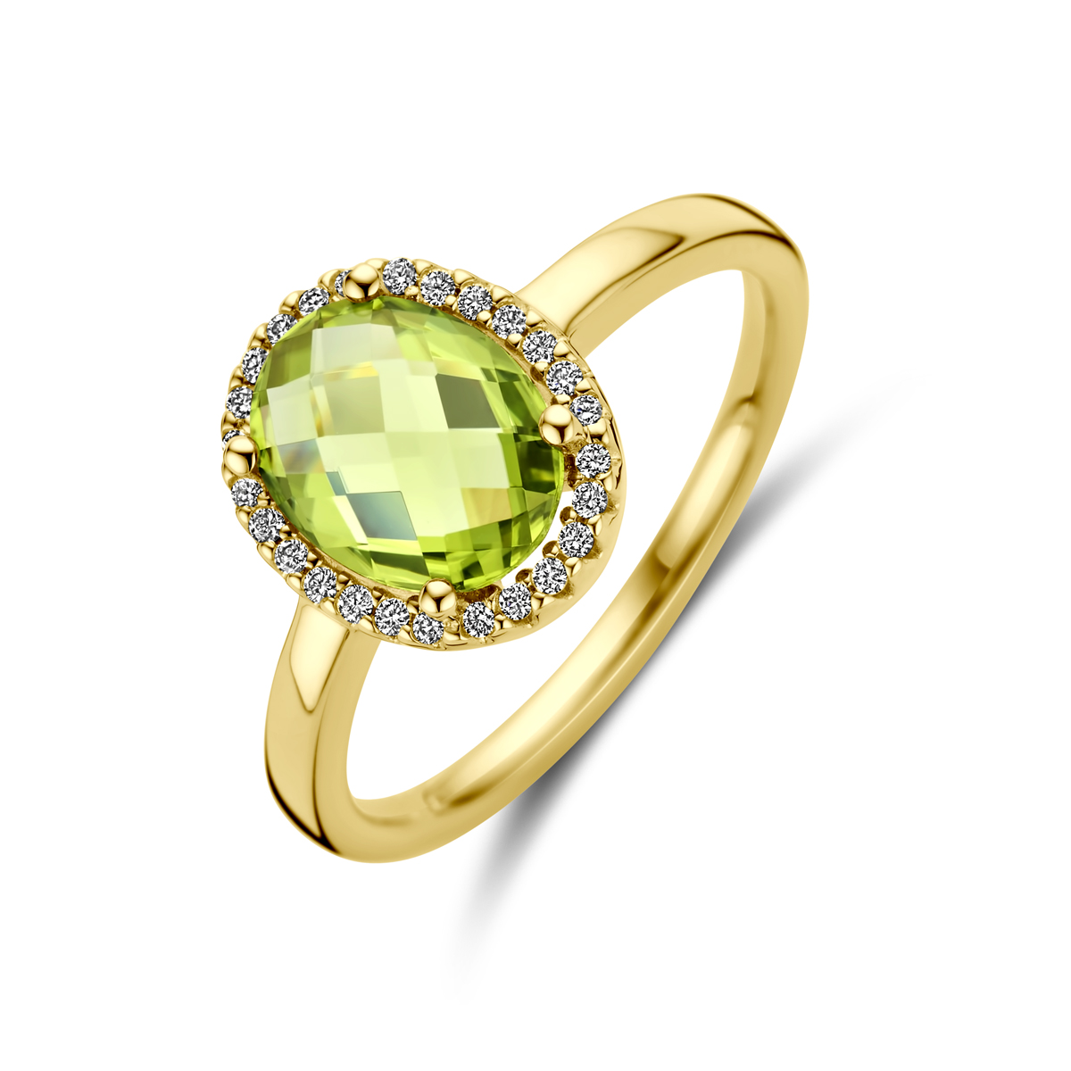 14k Geelgouden ring uitgevoerd met peridot en diamant. De ring heeft een breedte van 11.5x9.5mm. Het diamantgewicht is 0.10ct.