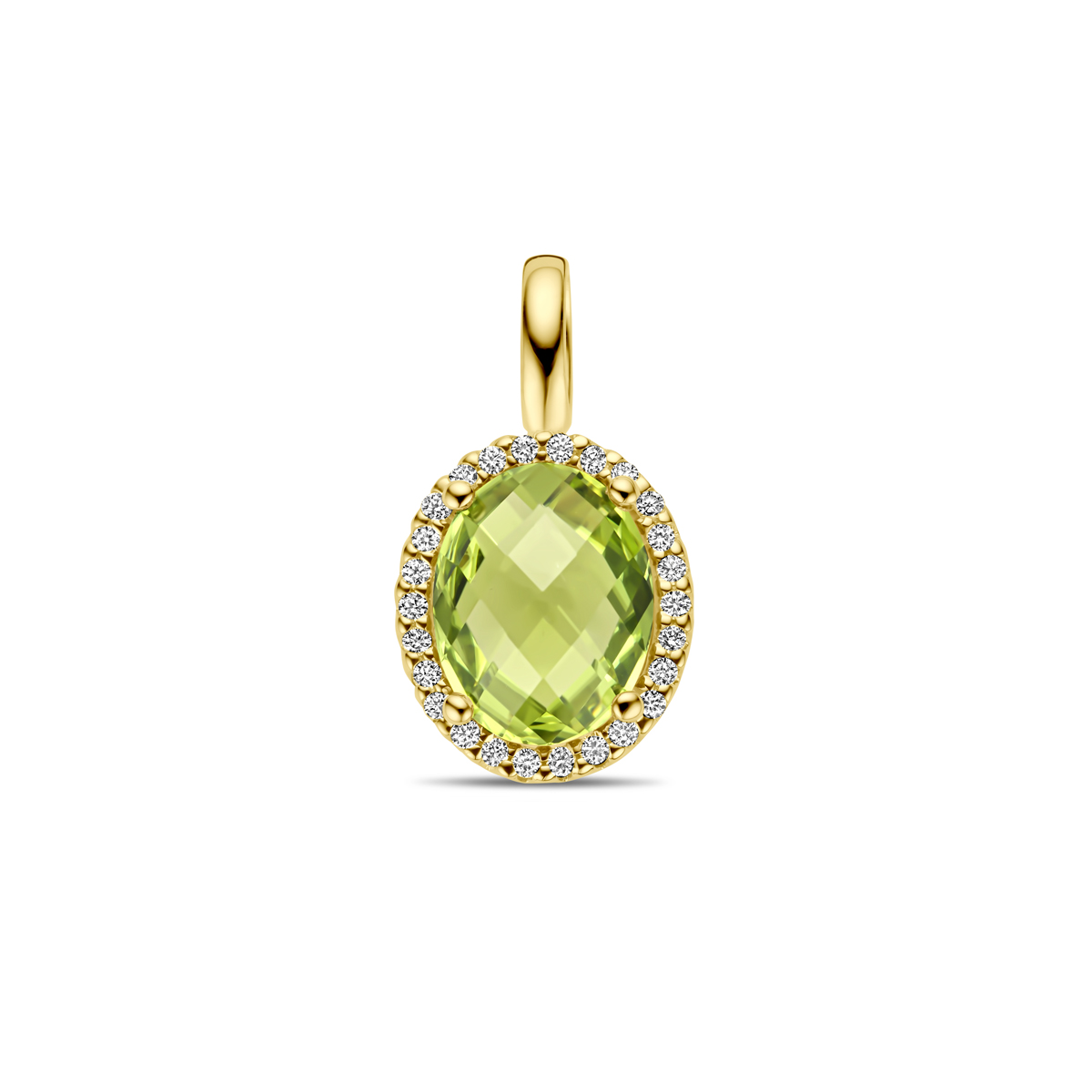 14k geelgouden hanger uitgevoerd met peridot en diamant. De hanger heeft een afmeting van 17.5x9.5mm. Het diamantgewicht is 0.09ct.