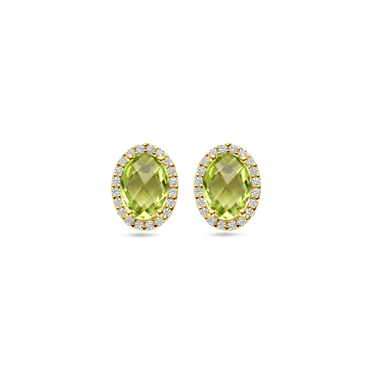 14k Geelgouden oorknoppen uitgevoerd met peridot en diamant. De oorknoppen hebben een afmeting van 9.5x7.5mm. Het diamantgewicht is 0.13ct (2x 0.065ct).