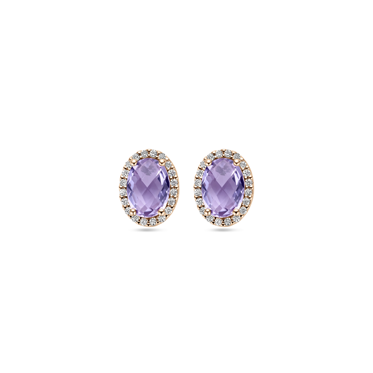 14k Roségouden oorknoppen uitgevoerd met amethist en diamant. De oorknoppen hebben een afmeting van 9.5x7.5mm. Het diamantgewicht is 0.13ct (2x 0.065ct).