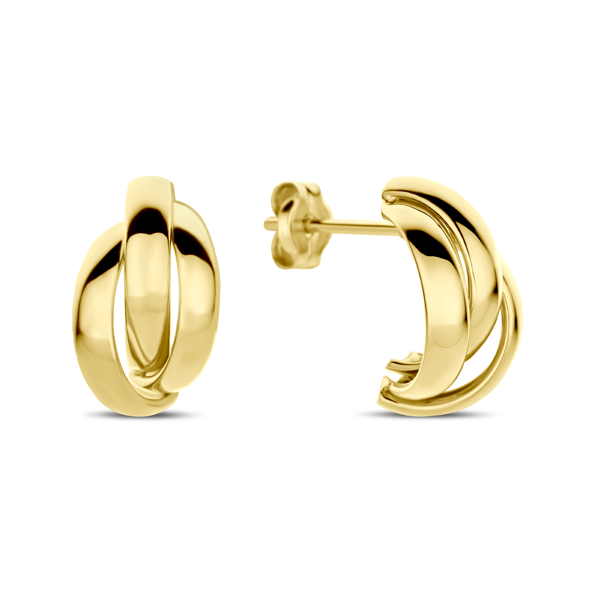 De Geelgouden Oorstekers met Drie Banen zijn verfijnde creolen van goud. Met een gewicht van 0,41 gram en een glanzende afwerking, hebben ze een hoogte van 13 mm en breedte van 8 mm. Perfect voor elke gelegenheid, draag ze met opgeheven haar om hun glans extra te benadrukken.