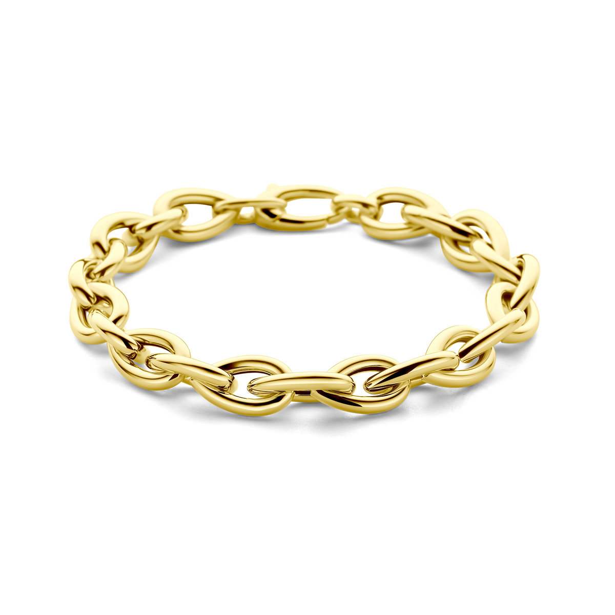 14k Geelgouden armband met een schakelbreedte van 9mm en een draaglengte van 19,5cm. Het collier heeft een karabijn sluiting.
