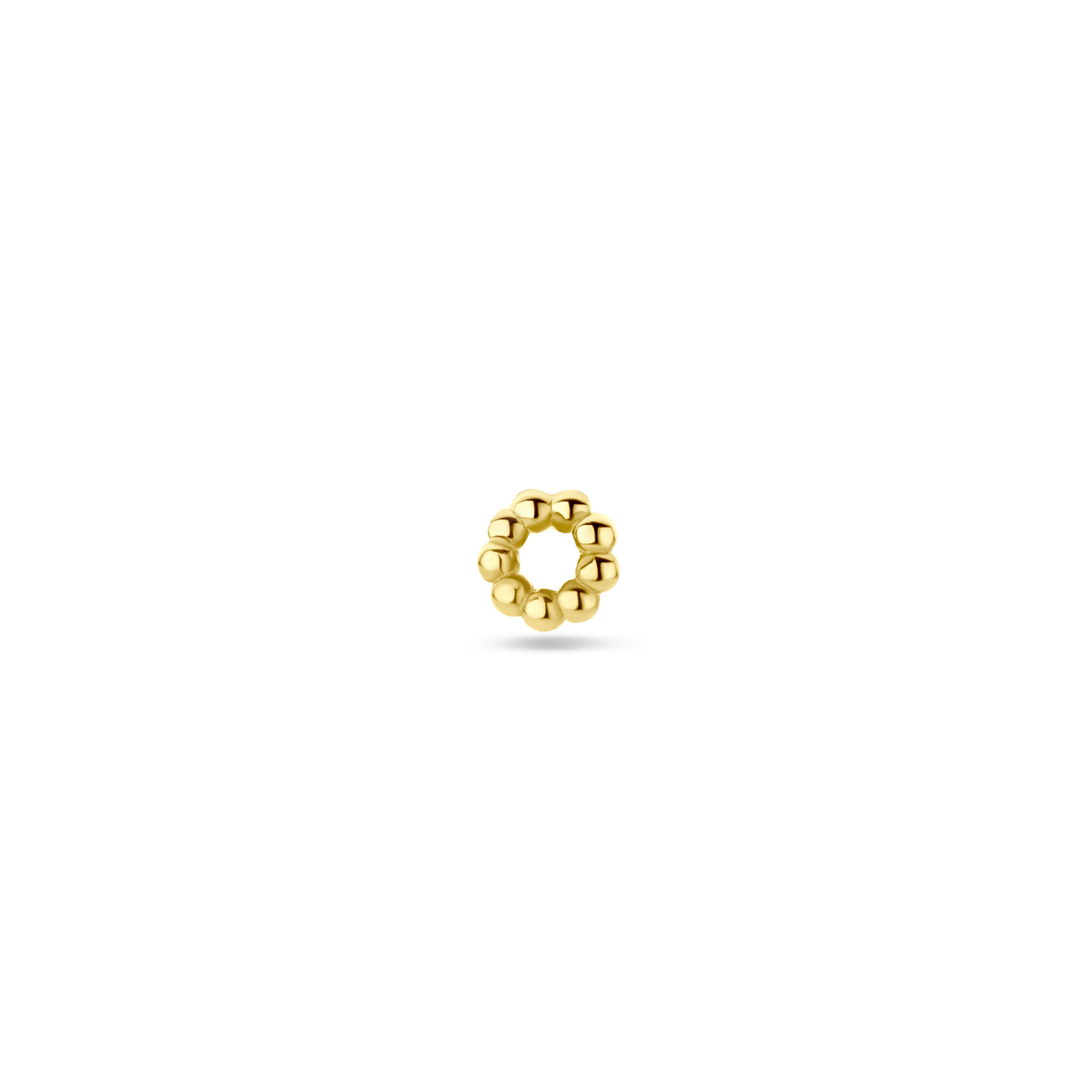 14krt. Geelgouden oorringhanger uitgevoerd met bolletjes. De oorringhanger heeft een diameter van 4.5mm. Het oogje heeft een diameter van ongeveer 2mm. Deze hanger wordt per stuk verkocht ipv per paar. In het oogje past een oorring van 1.5mm.