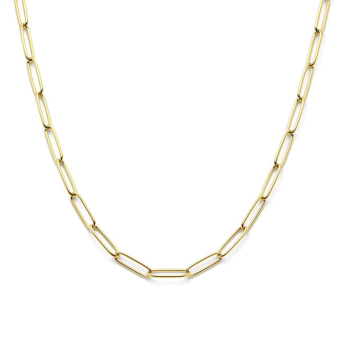 14k Geelgouden collier uitgevoerd met een paperclip schakel van 7mm. Het collier heeft een draaglengte van 45cm en is uitgevoerd met karabijnsluiting.