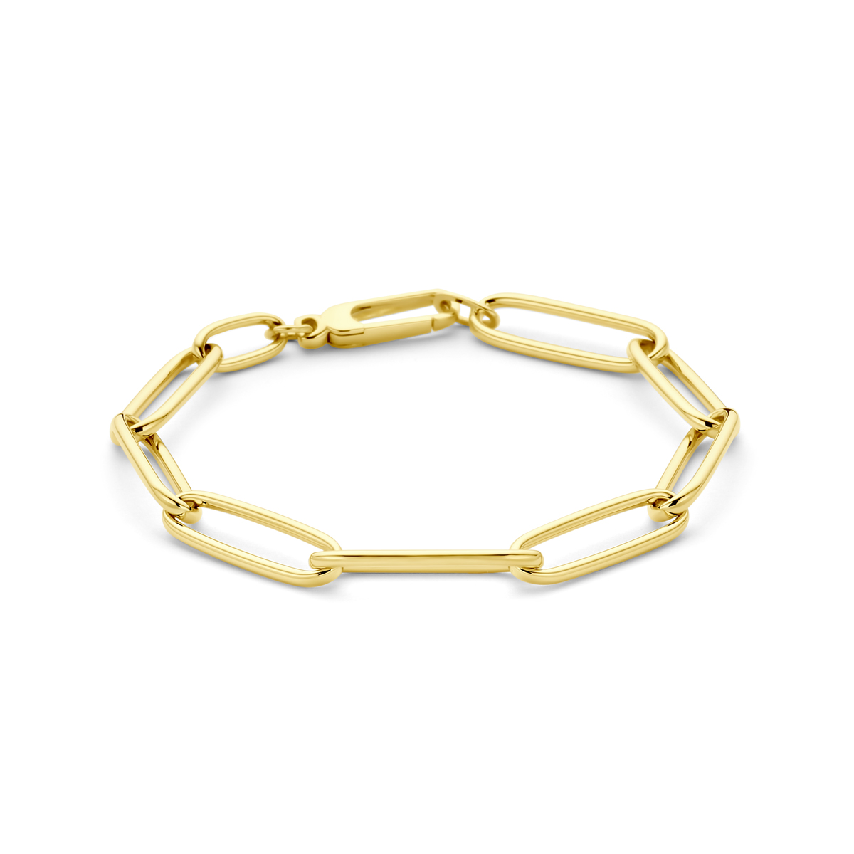 14k Geelgouden armband uitgevoerd met een paperclip schakel van 7mm. De armband heeft een draaglengte van 19cm en is uitgevoerd met karabijnsluiting.