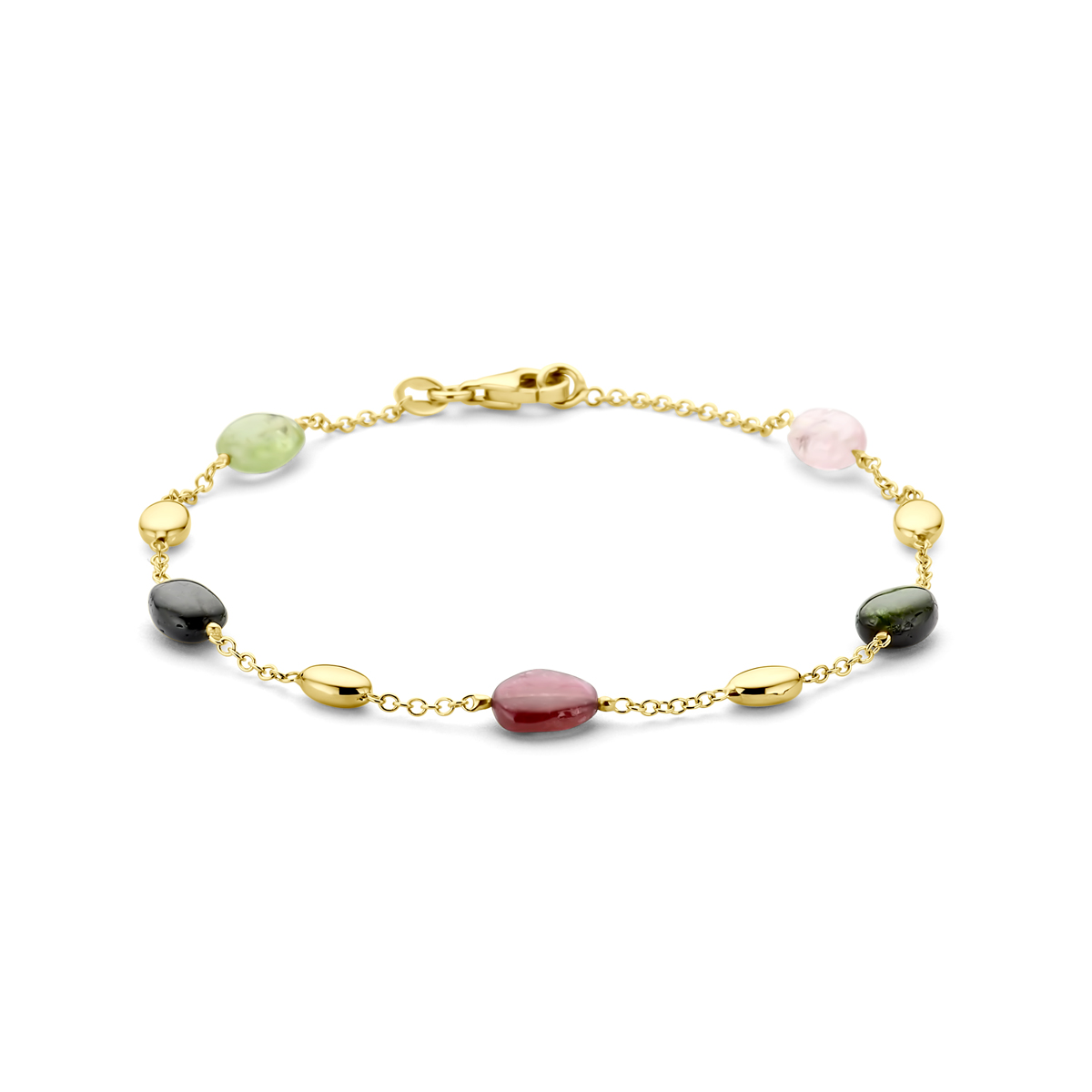 14k Geelgouden armband uitgevoerd met meerdere kleuren toermalijn. De armband heeft een draaglengte van 19cm en is uitgevoerd met karabijnsluiting.