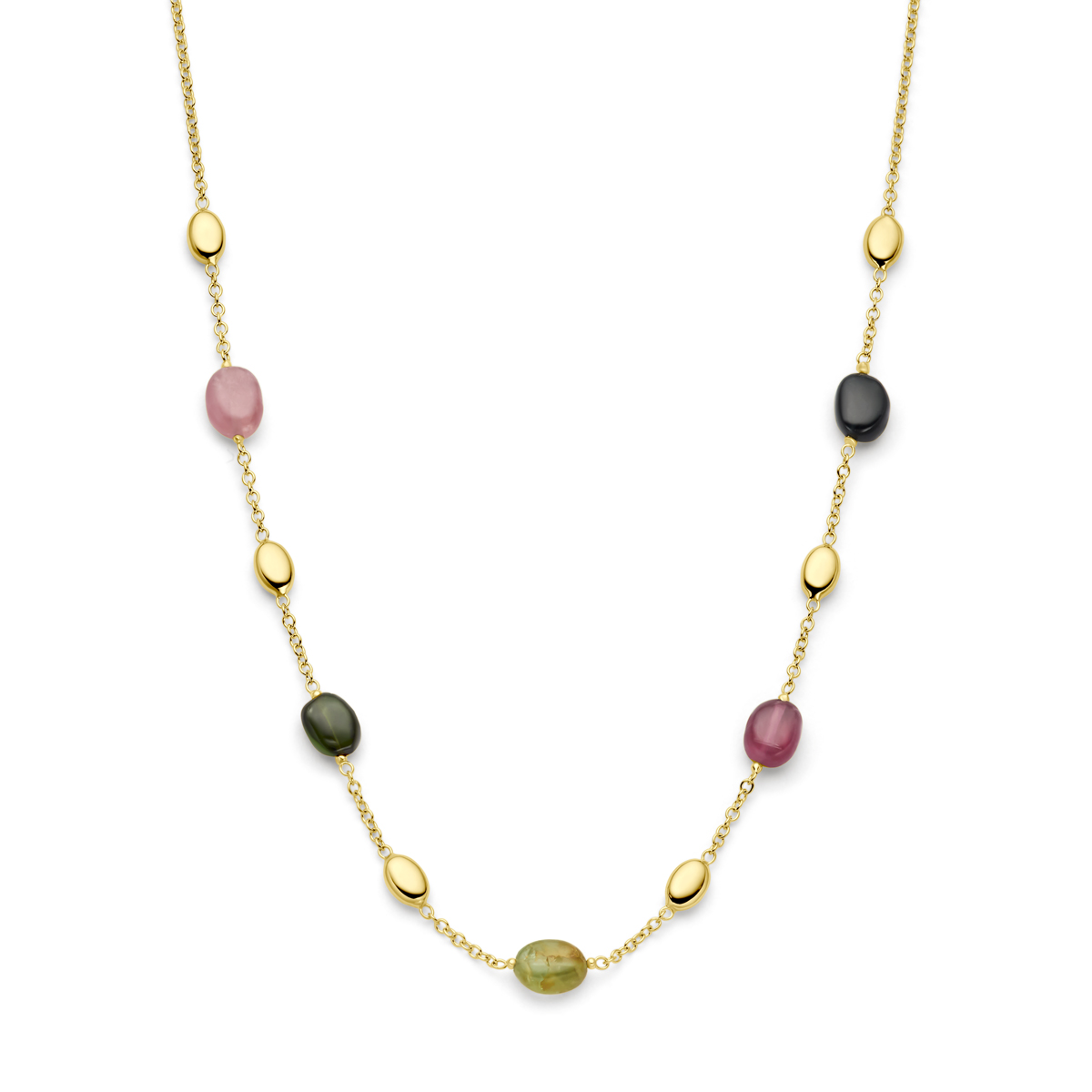 Huiscollectie - 14k Geelgouden collier uitgevoerd met meerdere kleuren toermalijn. Het collier heeft een draaglengte van 45cm en is uitgevoerd met karabijnsluiting.