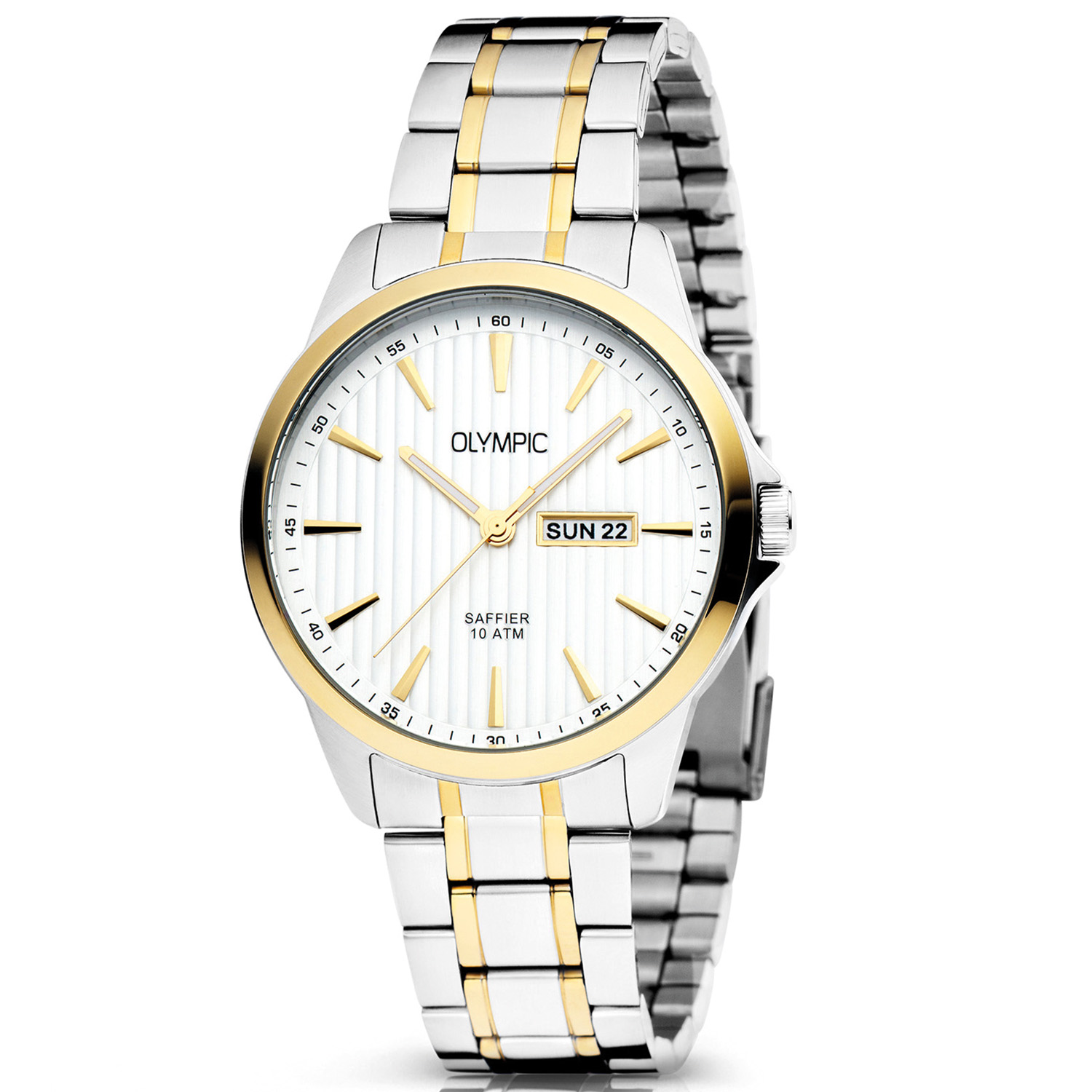 Productbeschrijving
Olympic OL26HSS314B JOHN Horloge – Bico – Staal – Zilverkleurig – 41mm
Dit unieke Olympic horloge met artikelnummer: OL26HSS314B is een klassiek horloge. De ronde stalen kast heeft een gladde bezel en een zilverkleurige wijzerplaat met een dag,- en datum aanduiding. Aan de kast zit een stalen bicolor schakelband met een vouwsluiting. Het horloge heeft een saffierglas een doorsnee van 41mm en is 10ATM.

Is de OL26HSS314B waterdicht?
Dit horloge is bestand tegen water bij het zwemmen en douchen. Dit horloge is niet bestand tegen (grote) waterdruk dus je kunt er niet mee duiken.