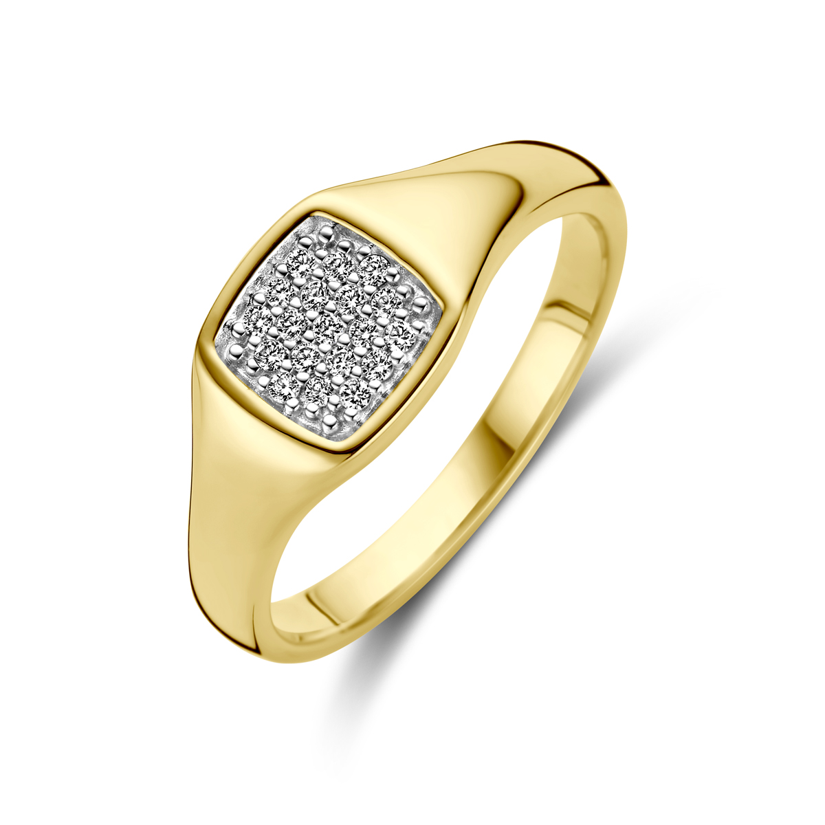 14k Geelgouden ring uitgevoerd met schitterende diamant. De ring heeft een breedte van 8mm.