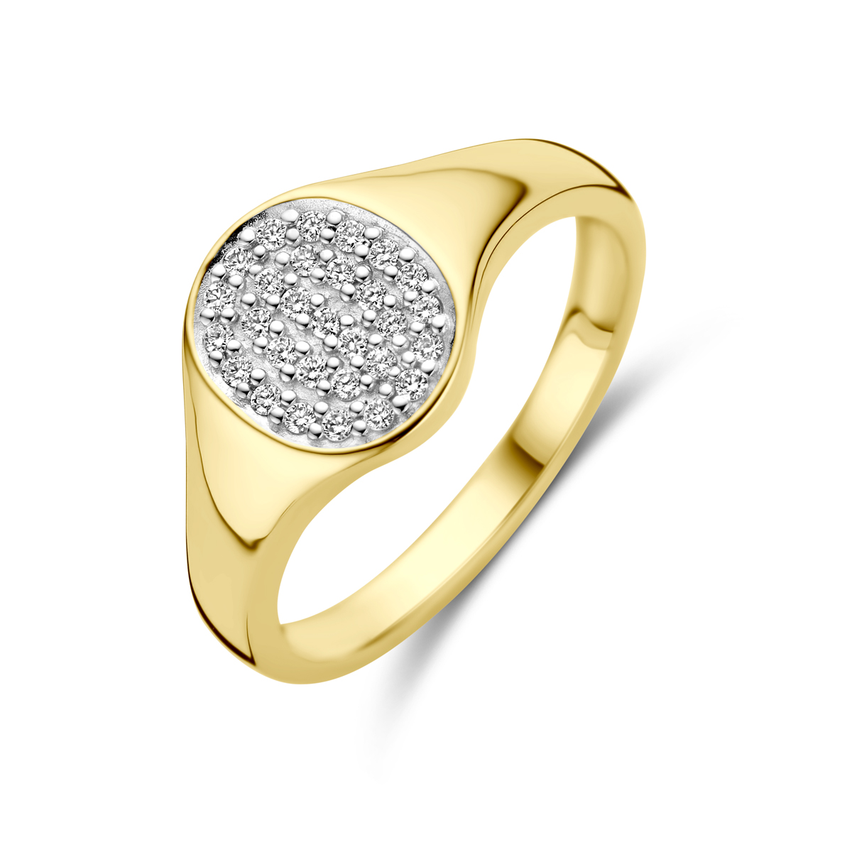 14k Geelgouden ring uitgevoerd met een schitterende diamant. De ring heeft een breedte van 9.5mm.