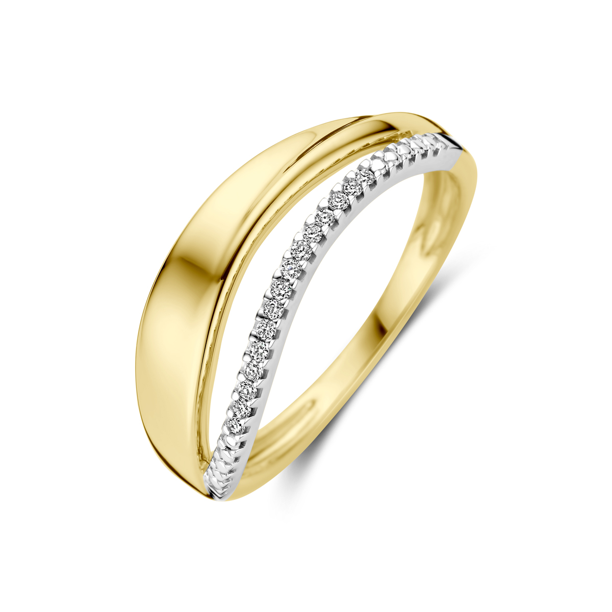 14k Bicolor wit- en geelgouden ring uitgevoerd met diamant. De ring heeft een breedte van 7.5mm. Het diamantgewicht is 0.06ct.