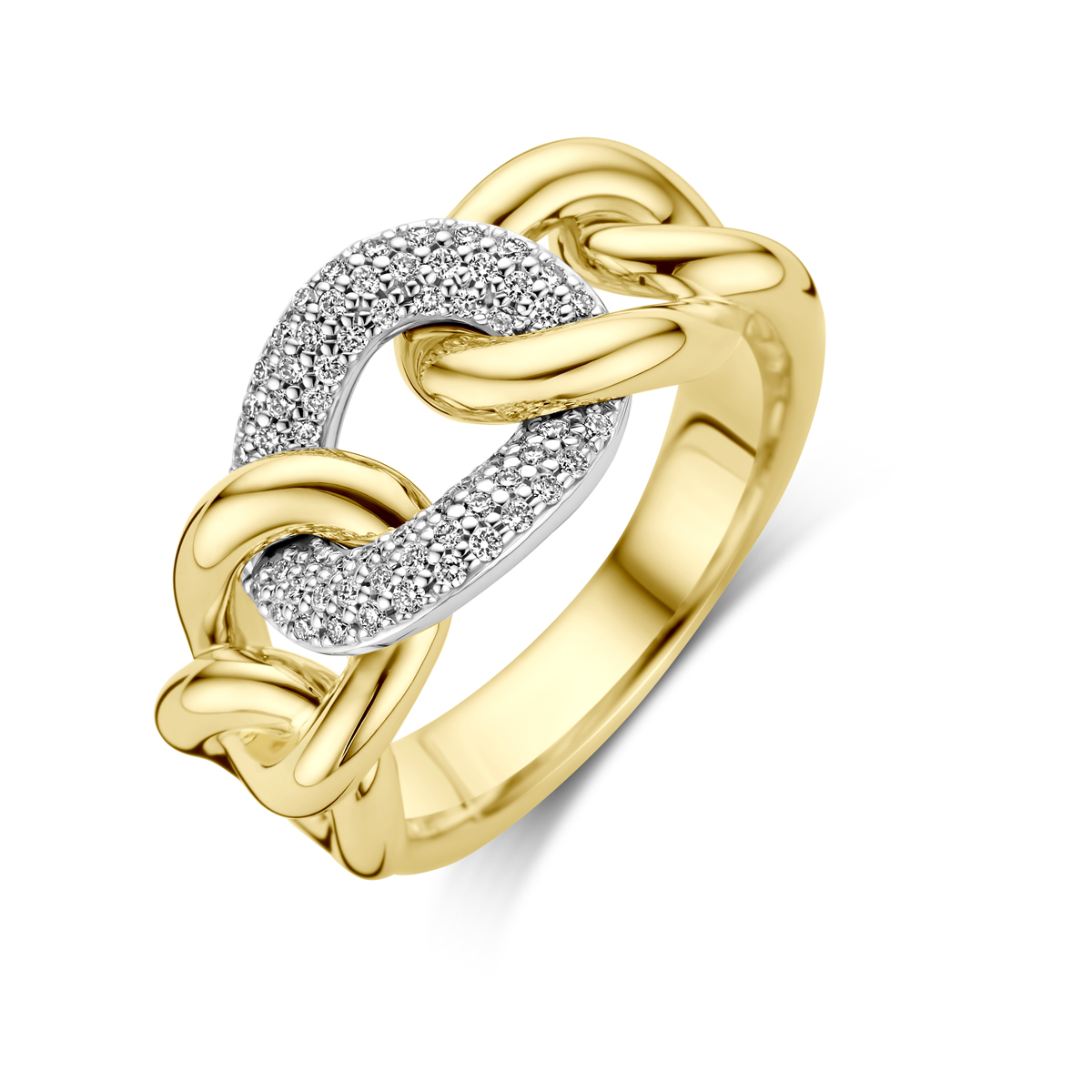 14k Bicolor geel- en witgouden ring uitgevoerd met een schitterende diamant. De ring heeft een breedte van 10.5mm.