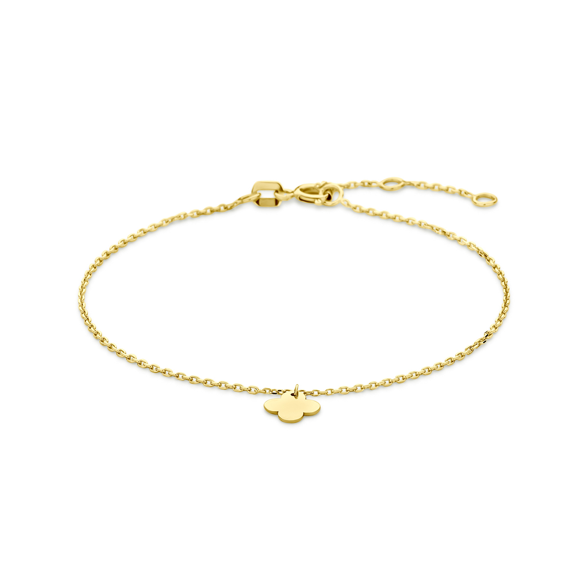 14k Geelgouden armband uitgevoerd met een klavertje. De armband heeft draaglengtes van 16-17.5-19cm.