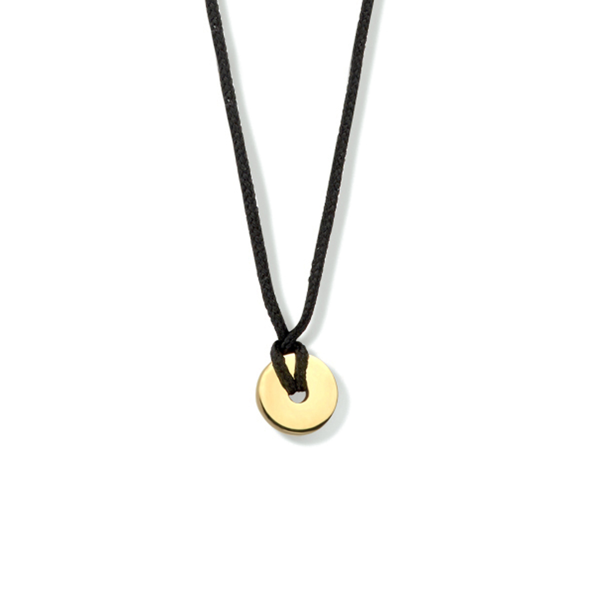 Zwart katoenen collier uitgevoerd met een 14k geelgouden rondje. Het collier heeft een verstelbare lengte tot 60cm. Het rondje heeft een diameter van 6.5mm.