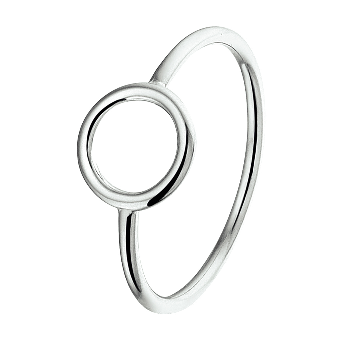 Gerhodineerd zilveren ring met een open cirkel. 
Uniekenummer serie: 34666
Doelgroep: dames
Ringmaat: 17.25 mm (54)
Breedte: 8 mm