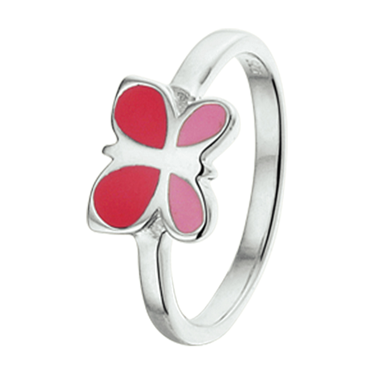 Gerhodineerd zilveren vlinder ring uitgevoerd met rood en roze emaille. De ring is er in verschillende maten en heeft een breedte van 9mm. U kunt deze ring combineren met bijpassende sieraden uit onze collectie.